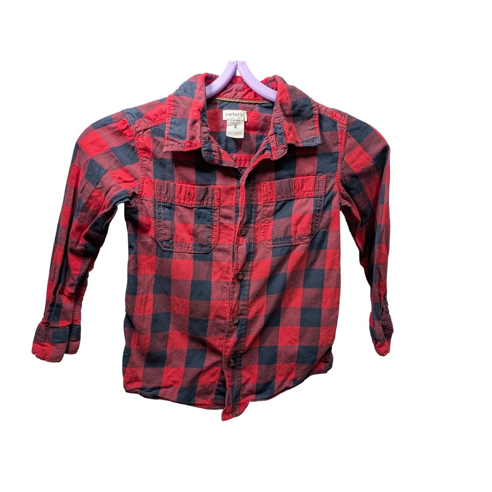 Carter's Flannel Shirt Kids Size 4 Red Navy Excellent Elbow Patches Plaid